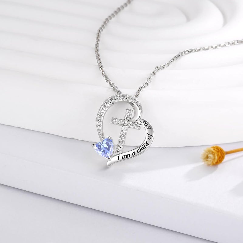 MANBU Sterling Silver Cross Necklace for Girls: Heart Birthstone I am a Child of God Pendant Religious Jewelry Baptism First Communion Confirmation Gifts for Teens - Image 1